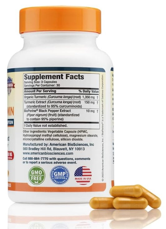USA Premium Turmeric Curcumin, 1500 mg 90 Vegetarian Capsules, by American Biosciences
