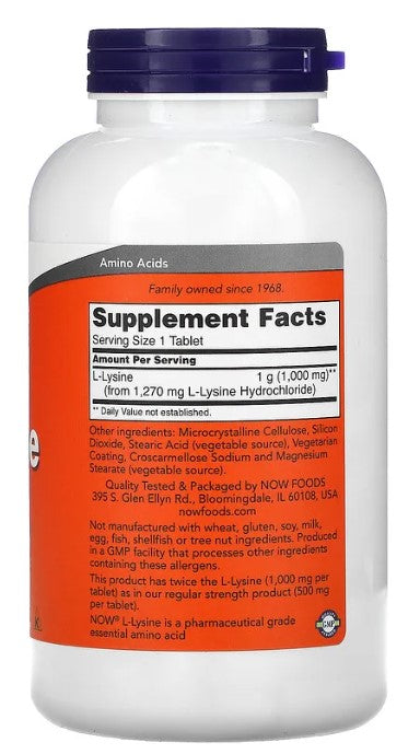 L-Lysine, Double Strength 1000 mg - 250 Tablets, by NOW