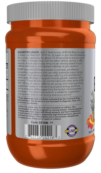 BCAA Blast Powder, Tropical Punch Flavor - 600 g (21.16 oz), by Now Sports