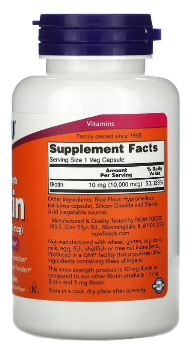 Extra Strength Biotin, 10 mg (10,000 mcg), 120 Veg Capsules, by NOW