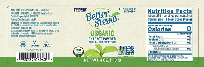 Better Stevia, Organic Extract Powder, 4 oz (113 g), by NOW