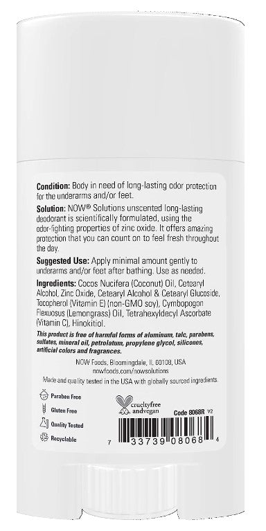 Long-Lasting Deodorant Stick, Unscented, 2.2 oz (62g), by Now Solutions
