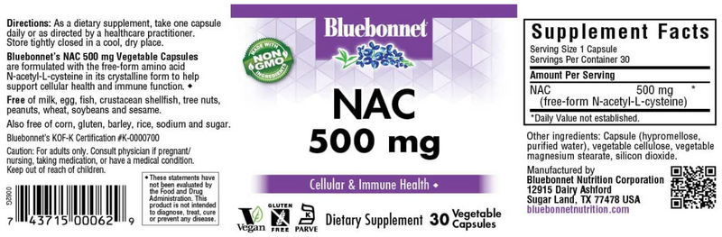 NAC 500mg, 30 Vegetable Capsules, by Bluebonnet