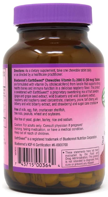 EarthSweet Chewables, Vitamin D3, 2,000 IU, 90 Raspberry Chewable Tablets, by Bluebonnet