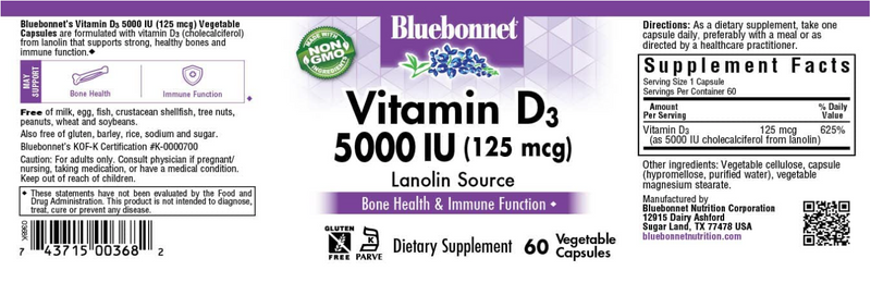 Vitamin D3, 125 mcg (5,000 IU), 60 Vegetable Capsules, by Bluebonnet