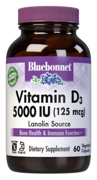 Vitamin D3, 125 mcg (5,000 IU), 60 Vegetable Capsules, by Bluebonnet