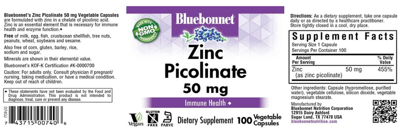 Zinc Picolinate, 50 mg, 50 Vegetable Capsules, by Bluebonnet