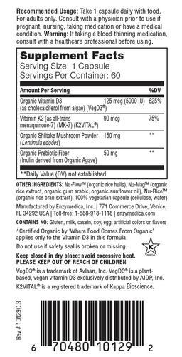 Organic Vitamin D3 + K2 Immune Bone Health by Enzymedica 60 Vegetarian Caps