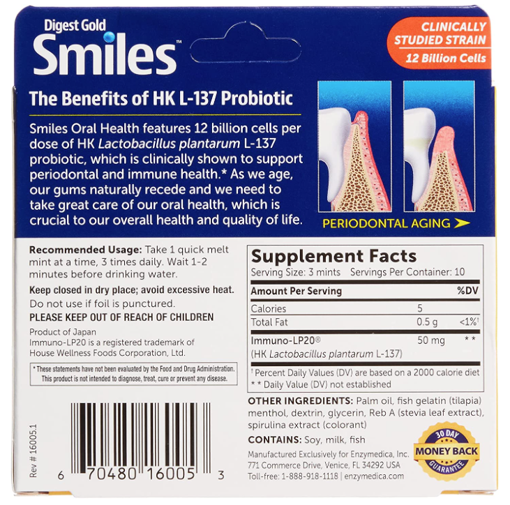 Digest Gold Smiles Oral Health with HK L-137 Probiotic, 30 Quick Melt Mints, by Enzymedica