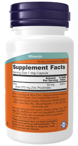Zinc Picolinate 50 mg 60 Veg Capsules, by NOW