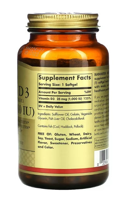 Vitamin D3 (Cholecalciferol) 25 mcg (1,000 IU) 250 Softgels