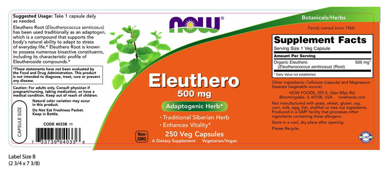 Eleuthero 500 mg 250 Capsules | By Now Foods - Best Price