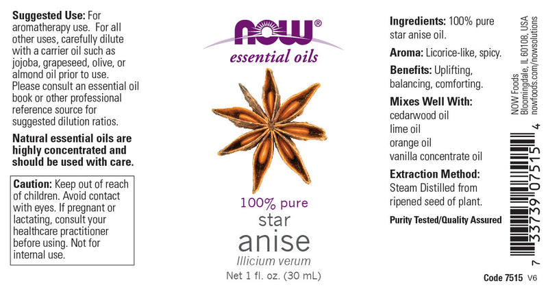 NOW Essential Oils, Anise Oil, Balancing Aromatherapy Scent, Steam Distilled, 100% Pure, Vegan, Child Resistant Cap, 1-Ounce