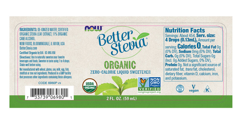 NOW Foods, Better Stevia Liquid Sweetener Organic 2 fl oz (60 ml)