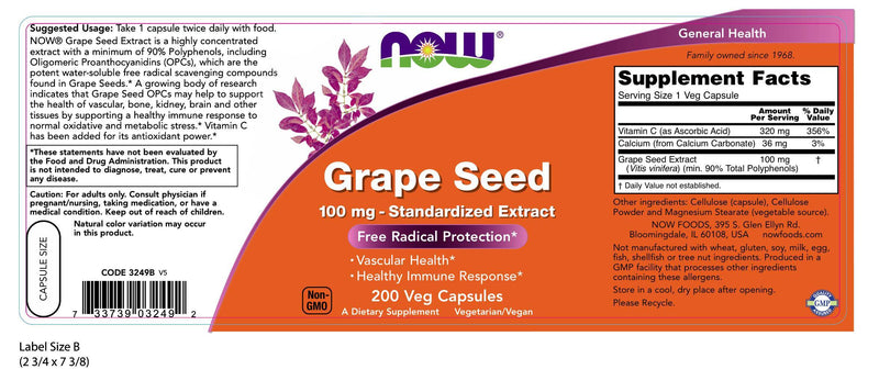 Grape Seed Standardized Extract 100 mg 200 Veg Capsules