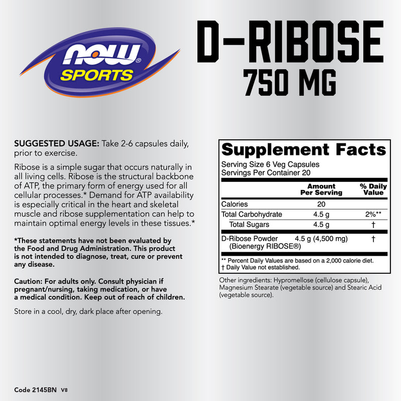 Now Sports, D-Ribose 750 mg 120 Veg Capsules