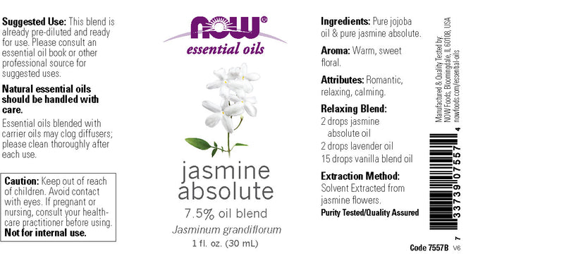 NOW Essential Oils, Jasmine Absolute Oil Blend, 7.5% Blend of Pure Jasmine Absolute Oil in Pure Jojoba Oil, Romantic Aromatherapy Scent, Vegan, Child Resistant Cap, 1-Ounce