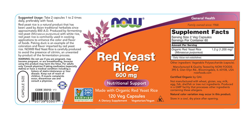 Red Yeast Rice 600 mg 120 Veg Capsules