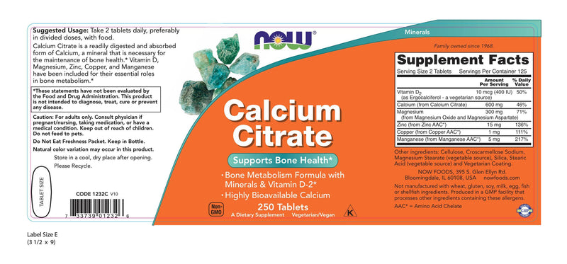 Calcium Citrate 250 Tablets | By Now Foods - Best Price