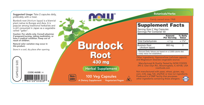 Burdock Root 430 mg 100 Capsules | By Now Foods - Best Price