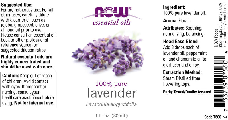 NOW Essential Oils, Lavender Oil, Soothing Aromatherapy Scent, Steam Distilled, 100% Pure, Vegan, Child Resistant Cap, 1-Ounce