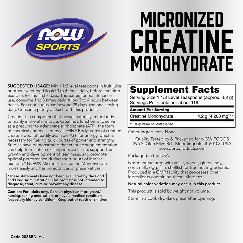 Now Sports, Micronized Creatine Monohydrate Pure Powder 500 g (1.1 lbs)