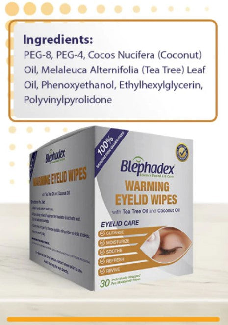 Blephadex Warming Eyelid Wipes - 30 Cleansing Wipes with Tea Tree & Coconut Oil, by Lunovus