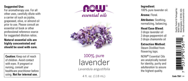 NOW Essential Oils, Lavender Oil, Soothing Aromatherapy Scent, Steam Distilled, 100% Pure, Vegan, Child Resistant Cap, 4-Ounce