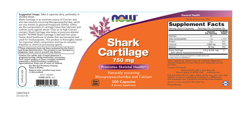 Shark Cartilage 750 mg 300 Capsules | By Now Foods - Best Price