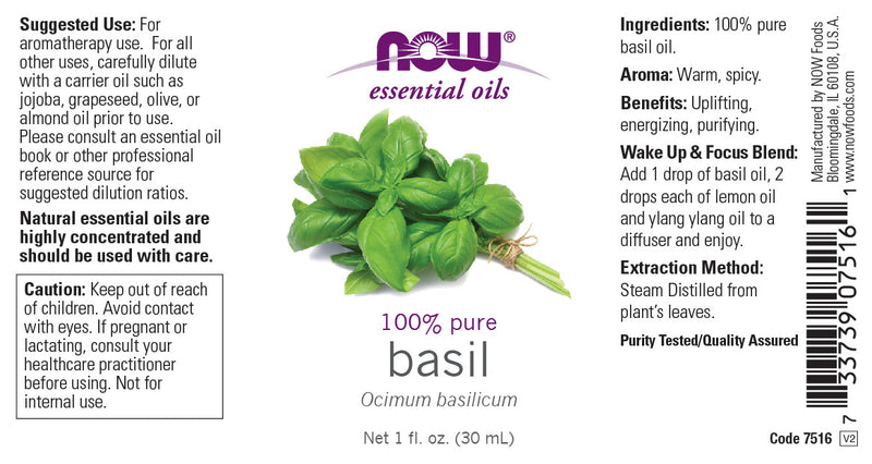NOW Essential Oils, Basil Oil, Energizing Aromatherapy Scent, Stream Distilled, 100% Pure, Vegan, Child Resistant Cap, 1-Ounce