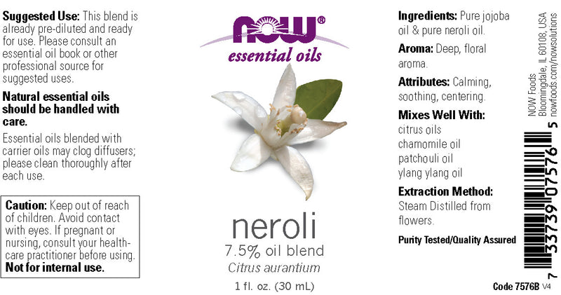 NOW Essential Oils, Neroli Oil, Deeply Floral Aromatherapy Scent, Steam Distilled, 100% Pure, Vegan, Child Resistant Cap, 1-Ounce