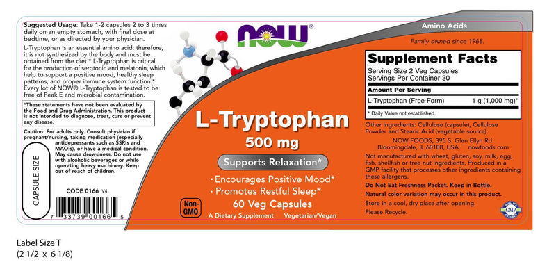 L-Tryptophan 500 mg 60 Veg Capsules | By Now Foods - Best Price