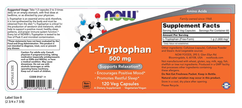 L-Tryptophan 500 mg 120 Veg Capsules | By Now Foods - Best Price