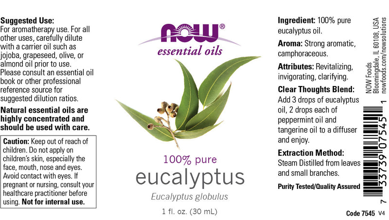 NOW Essential Oils, Eucalyptus Oil, Clarifying Aromatherapy Scent, Steam Distilled, 100% Pure, Vegan, Child Resistant Cap, 1-Ounce